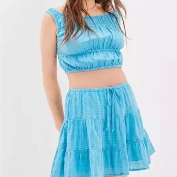 American Eagle Crop Tank Top Ruched Light Blue Sheer Cotton Pleated Crop Top S - Picture 3 of 6